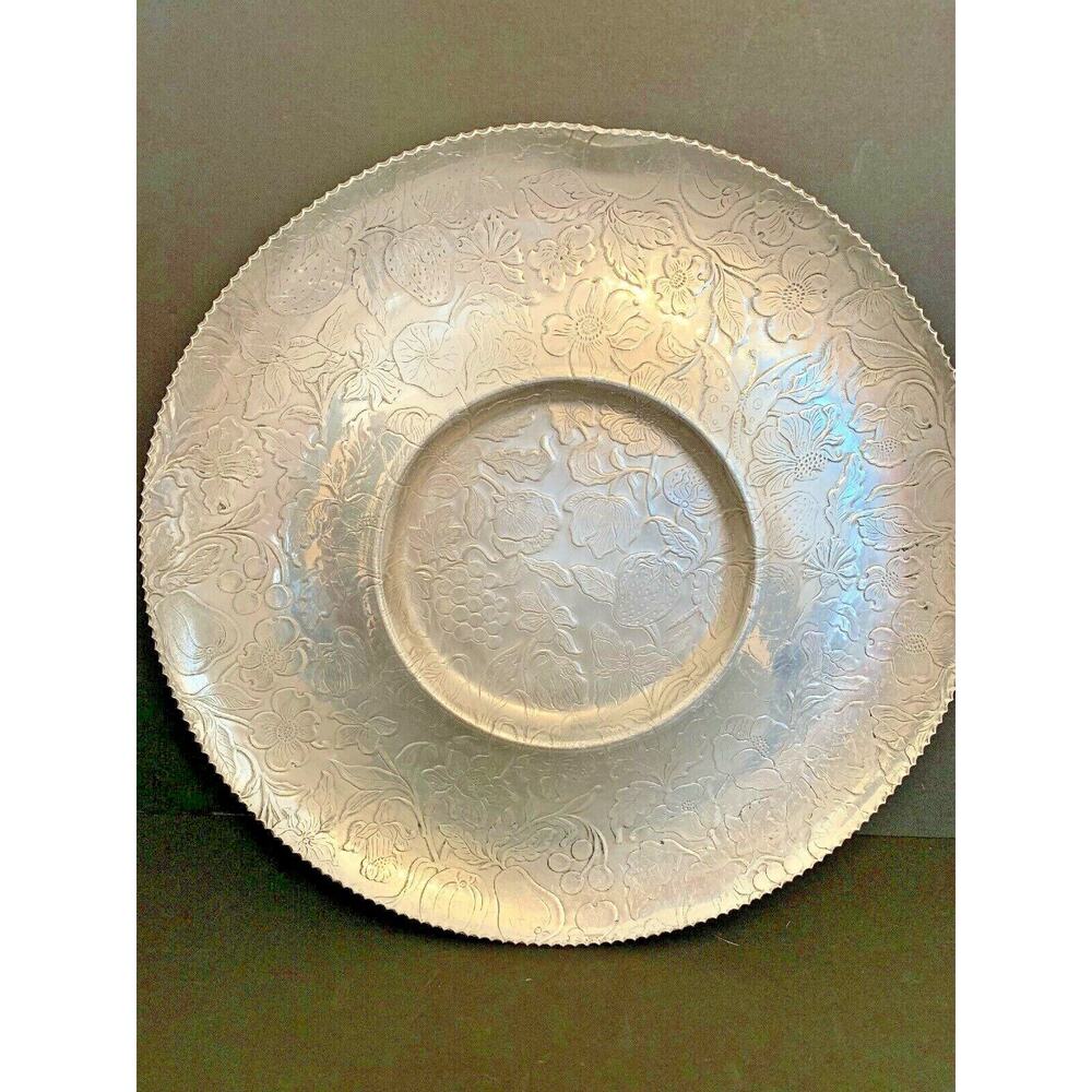 Vintage Handfinished Aluminum Tray Round 15.5 Inches Platter Floral
